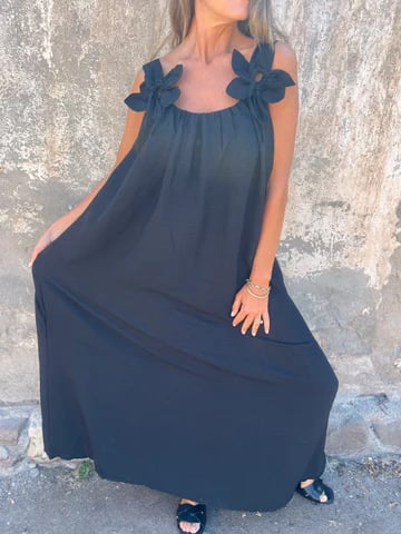 💕 Solid color dress for women with floral strap and U-neckline