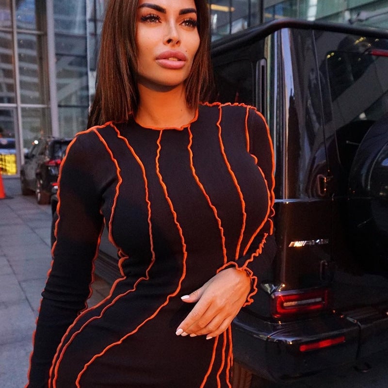 Autumn and Winter Sunken Stripe round Edge Dress Women's Clothing