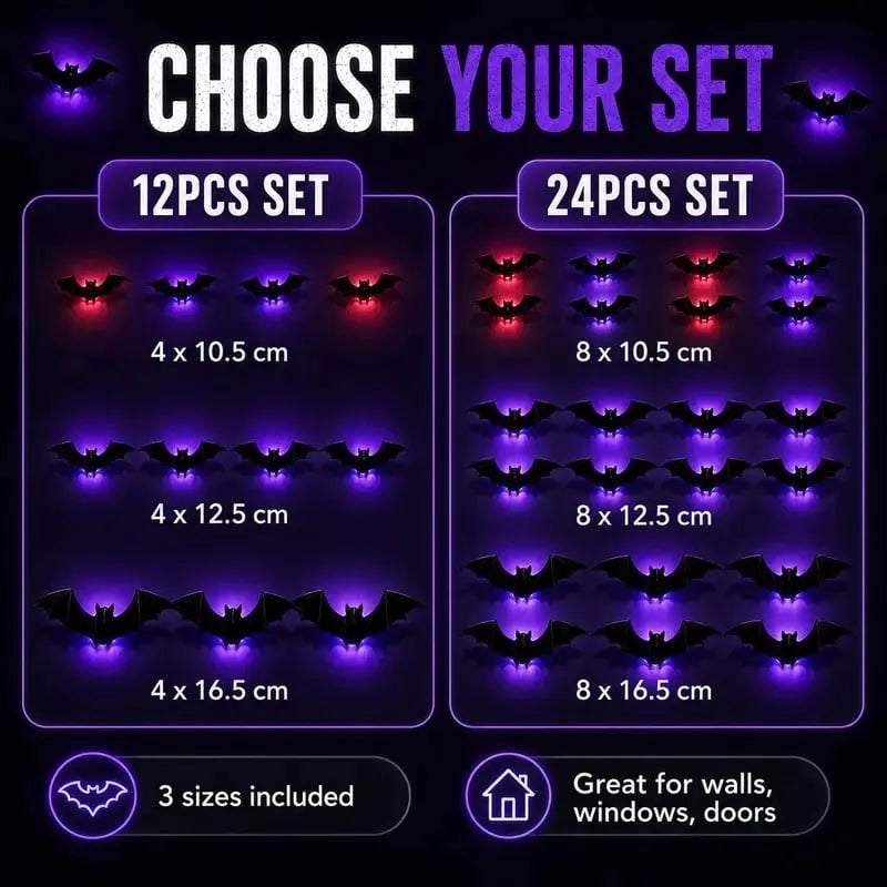 🎉🔥 2026 Hot Sale 3D LED Bat Wall Decorations – 12/24PCS Light-Up Halloween Decor for Walls, Windows & Parties
