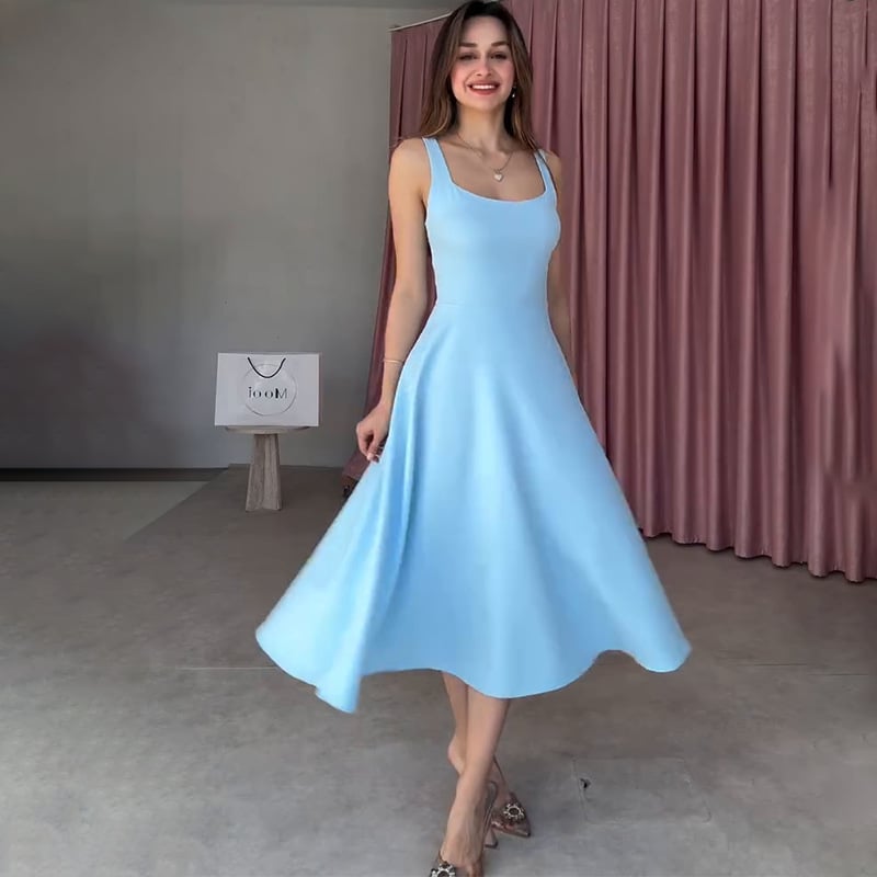 Solid color square neck sleeveless halter dress
