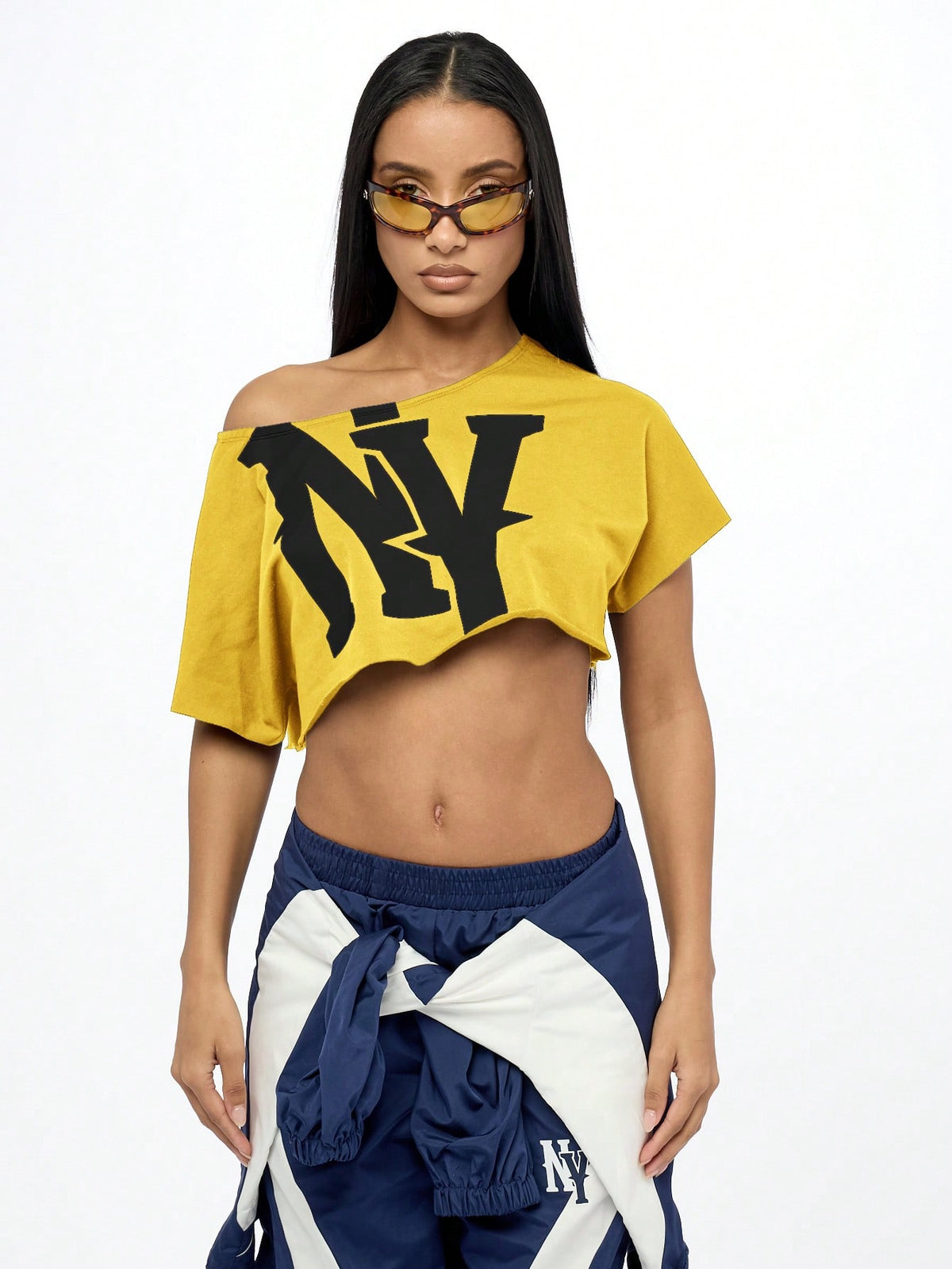 WOMEN Off Shoulder NY Logo Slouchy Crop Tee Athletic Varsity Sports Fan Streetwear Workout Fashion Athleisure Cropped T-Shirt Summer Urban Style