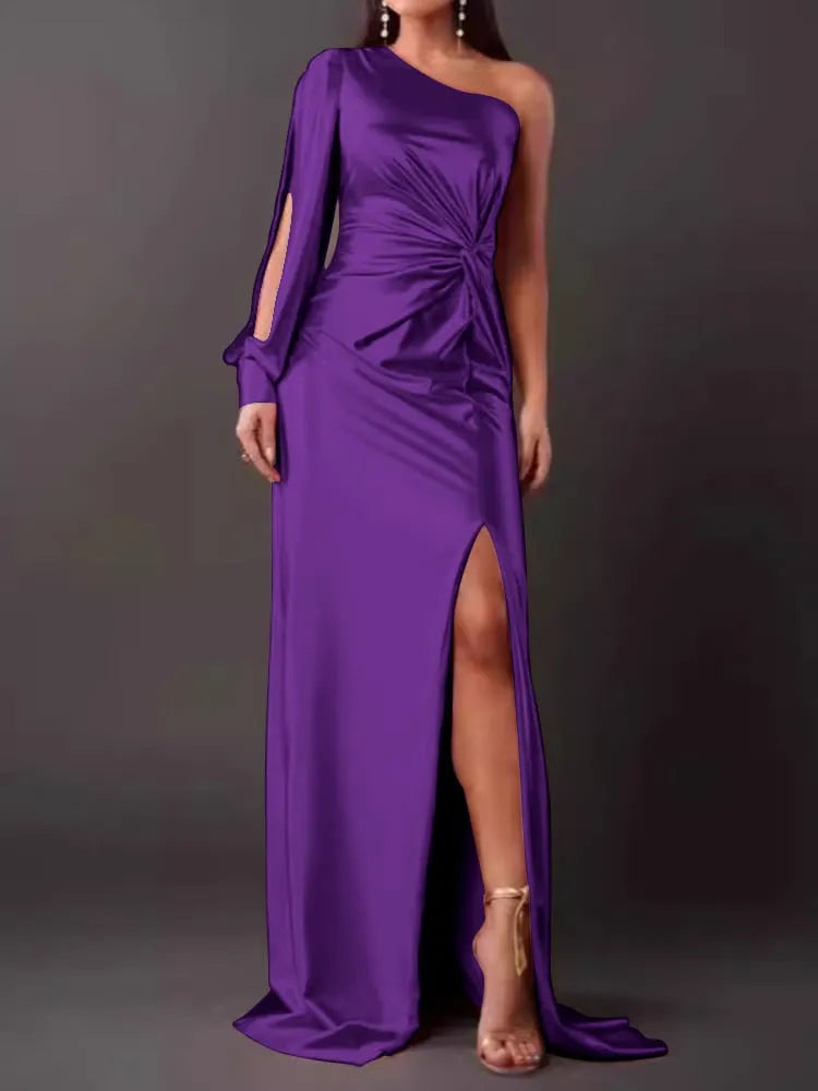 Slanted Collar Ruched Waist & Slit Sexy Long Dress