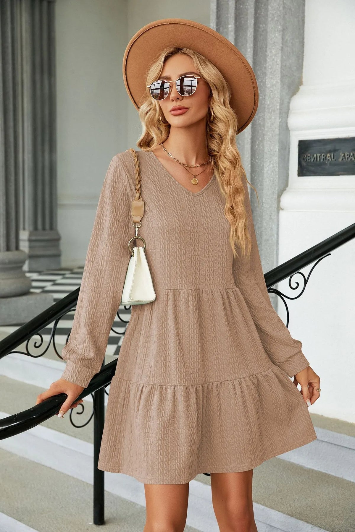 Women's V-Neck Lantern Sleeve Ruffle Trim Flowy Dress