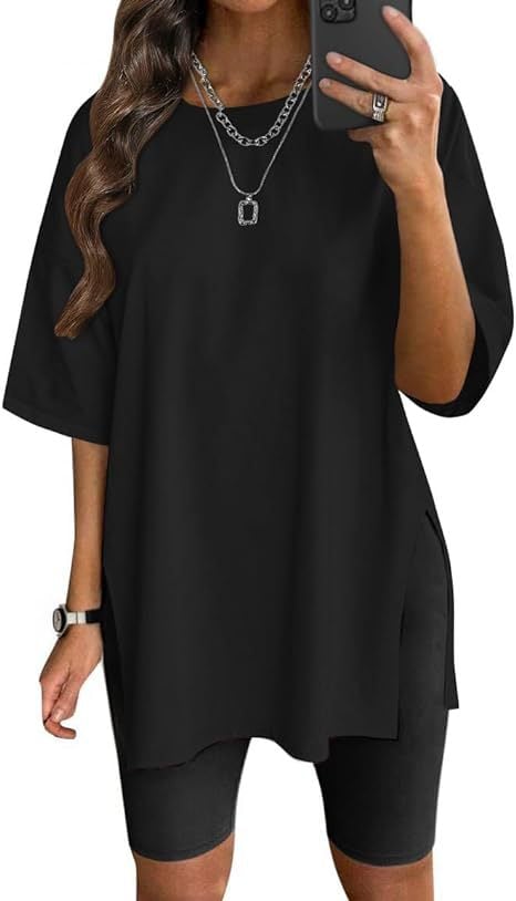 Round neck seven-point sleeve slit casual loose T-shirt💋