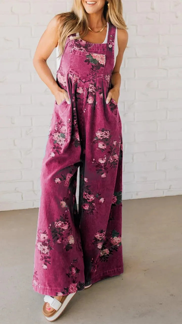 Women's Printed Pocket Casual Denim Overalls