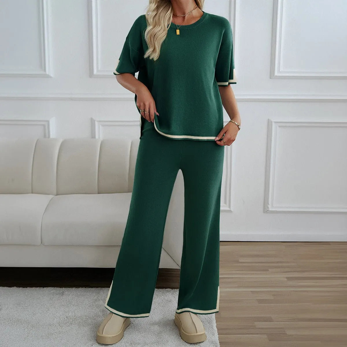 Chic Short Sleeve Knitted Pants Set