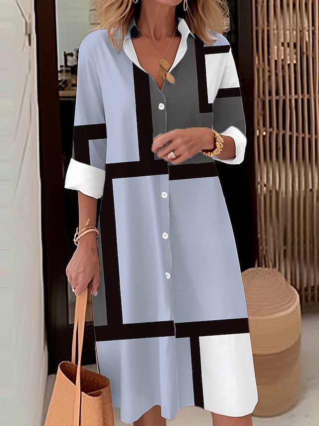 Women's Casual Loose Fit Geometric Plaid Shirt Dress