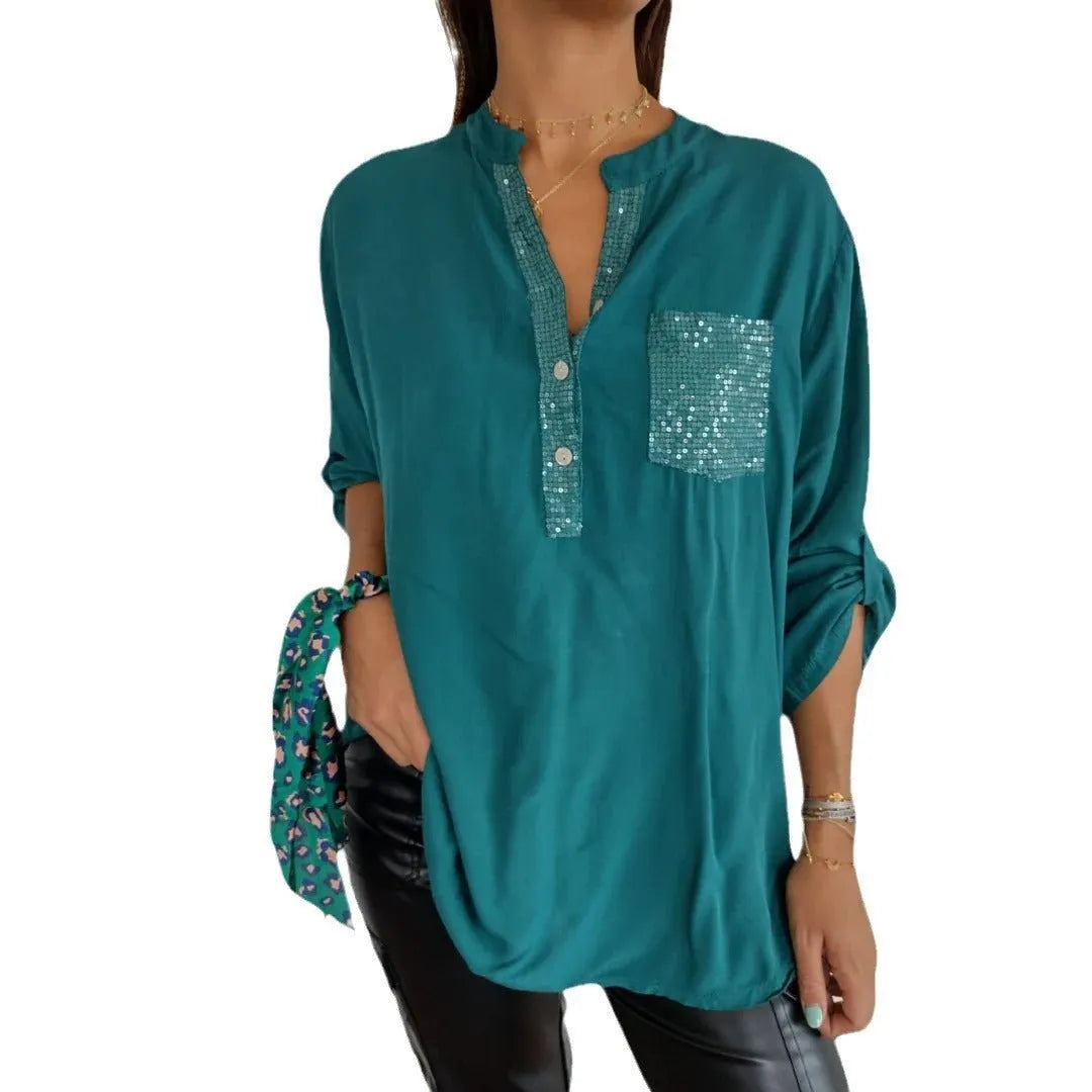 Sequin Patchwork V-neck Shirt