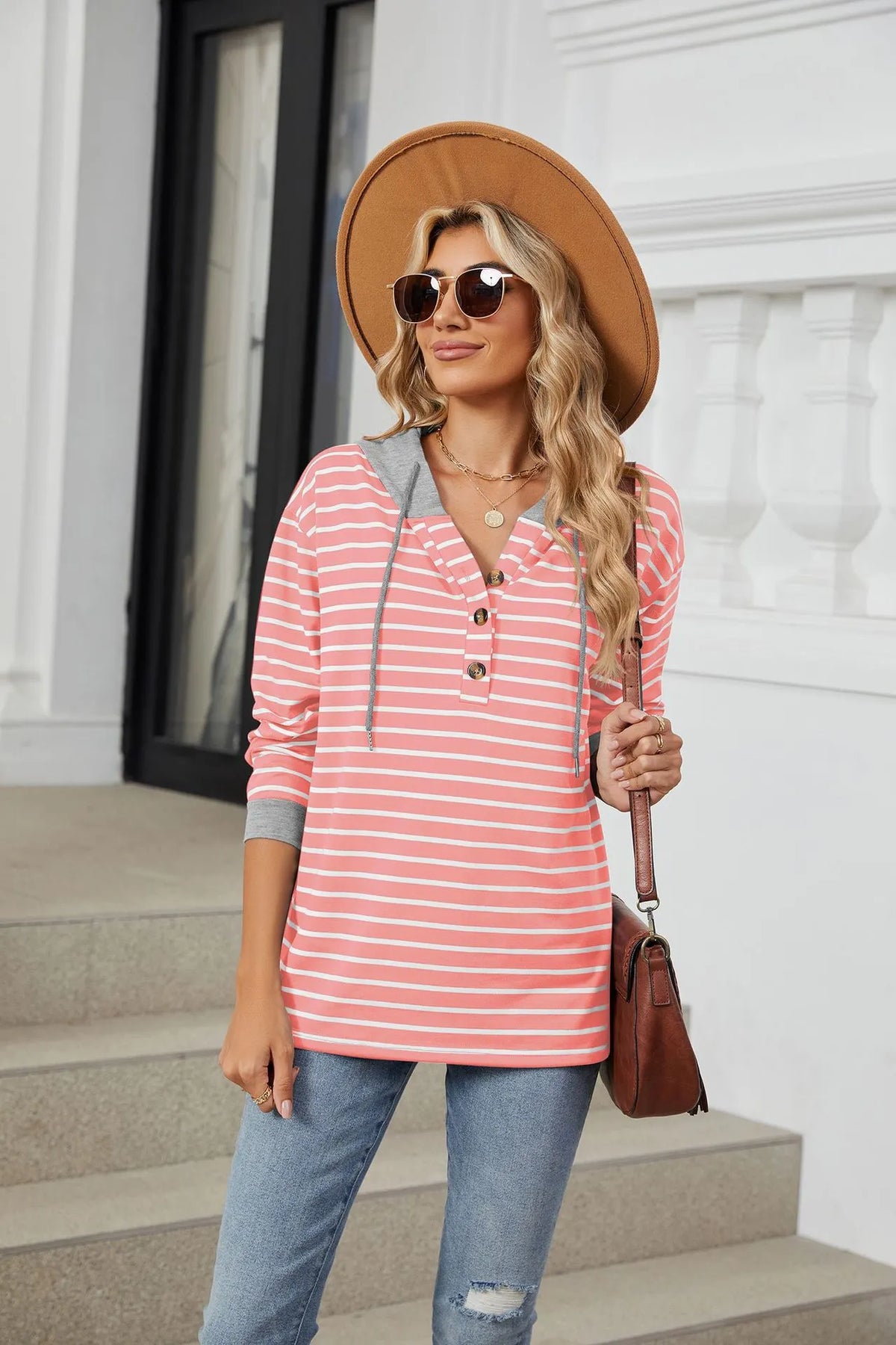 Women's Casual Pullover Button Up Drawstring Hoodie