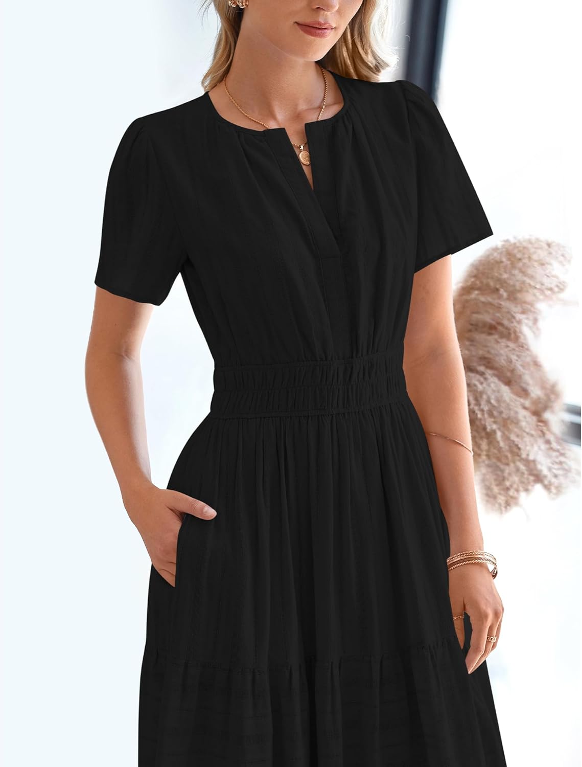 Womens Summer Lightweight Short Sleeve V Casual Midi Maxi Dresses(BUY 2 FREE SHIPPING)