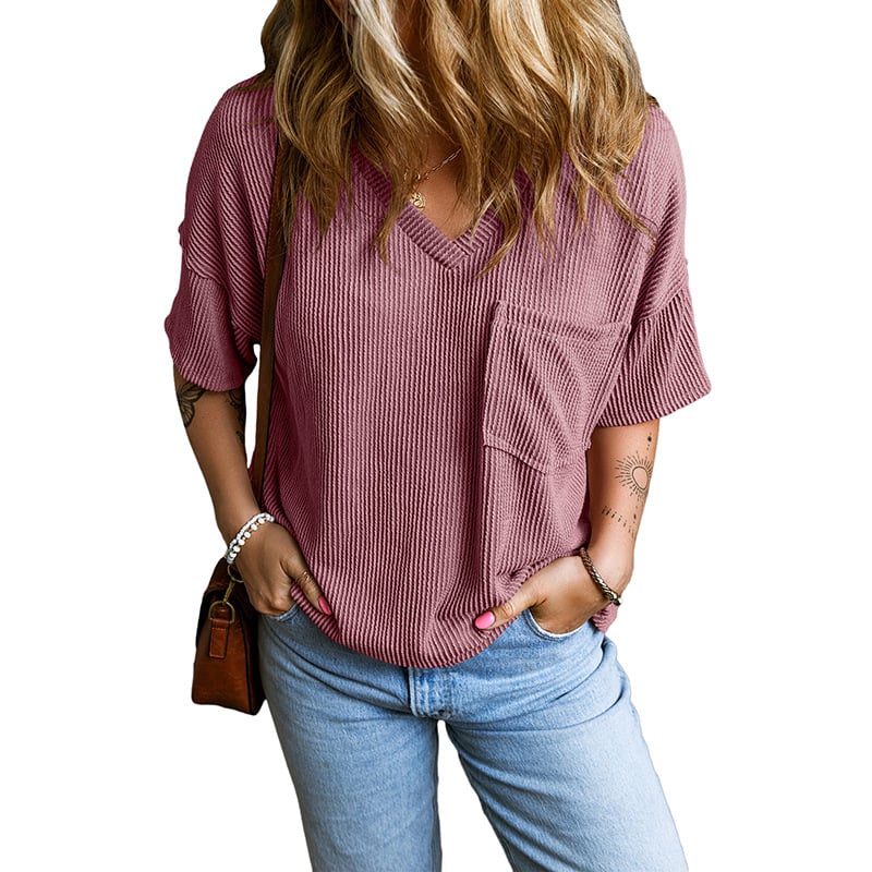 Womens Short Sleeve Ribbed Tops Causal V Neck Oversized T Shirts Summer Loose Fit Tee Tops