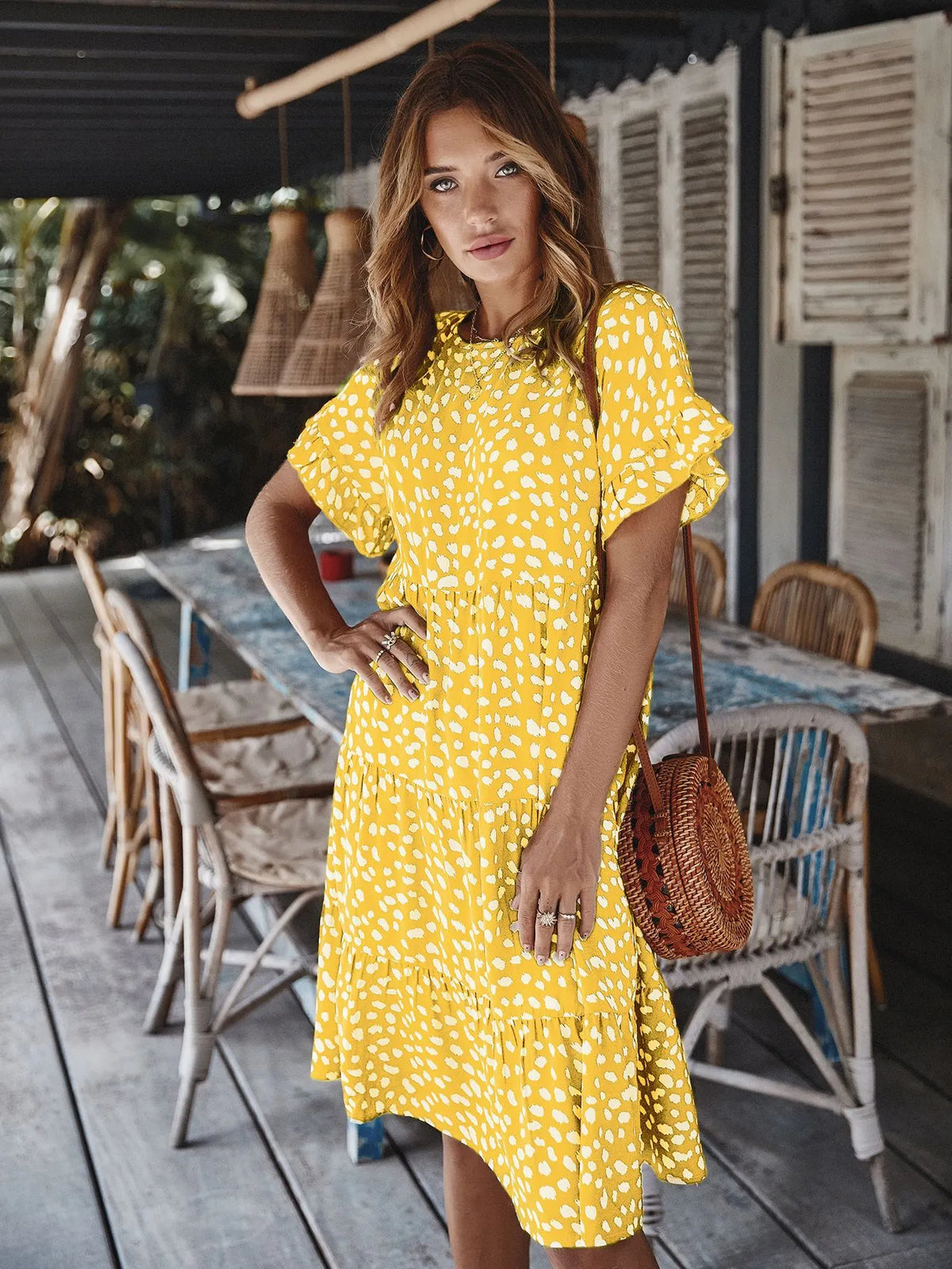 Round neck polka dot print midi dress