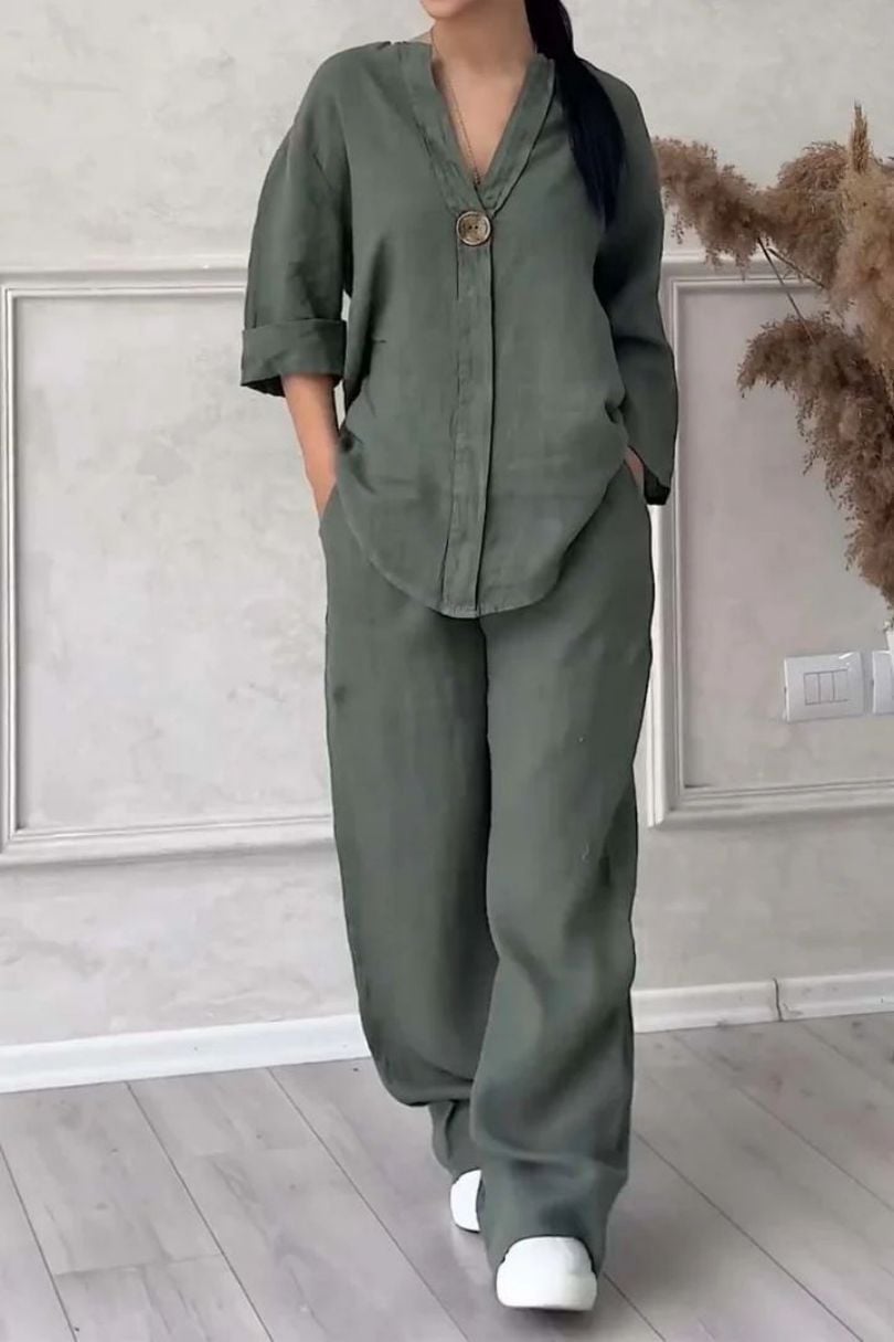 Women Casual button decorated cotton and linen two-piece set