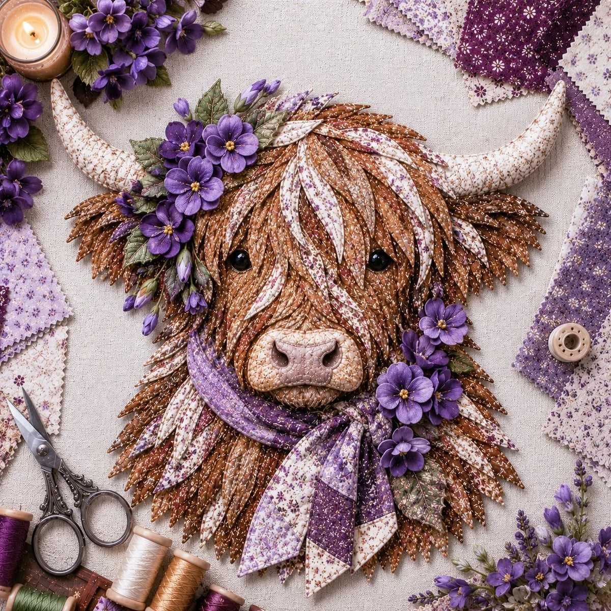 🎉💐🌸 Birth Flower Highland Cow 3D Layered Fabric Art DIY Kit (Beginner-friendly) 🔥 Buy 2 Free Shipping