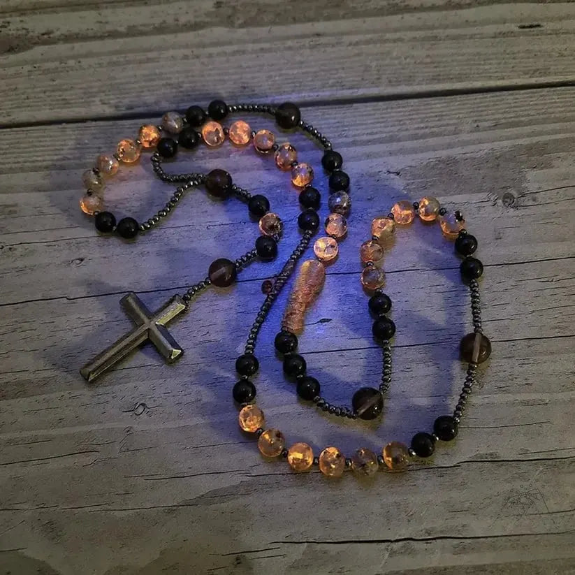 🔥 HOT SALE 🔥Natural Obsidian Yooperlite Rosary Necklace, UV Reactive Energy Protection Healing Crystal
