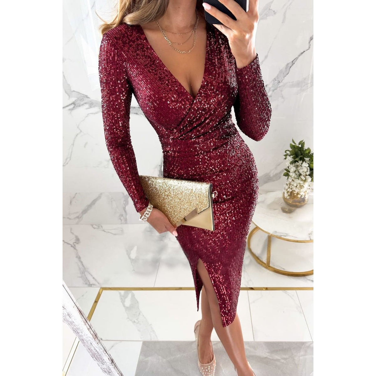 ✨Elegant Slim Sequin Dress with V-Neck