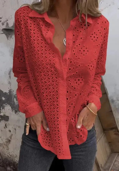 Women Hollow Out Button Tops Dressy Lace Eyelet