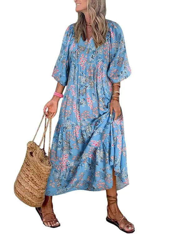 WOMEN'S PUFF SLEEVE FLORAL BOHO MAXI DRESS (BUY 2 FREE SHIPPING)