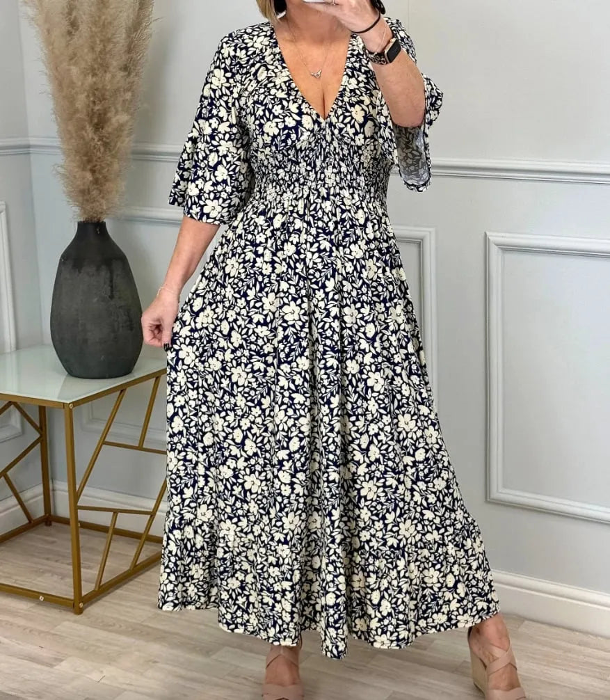 💥Buy 2 Free Shipping🔥V-neck Print Shirred Waist Dress