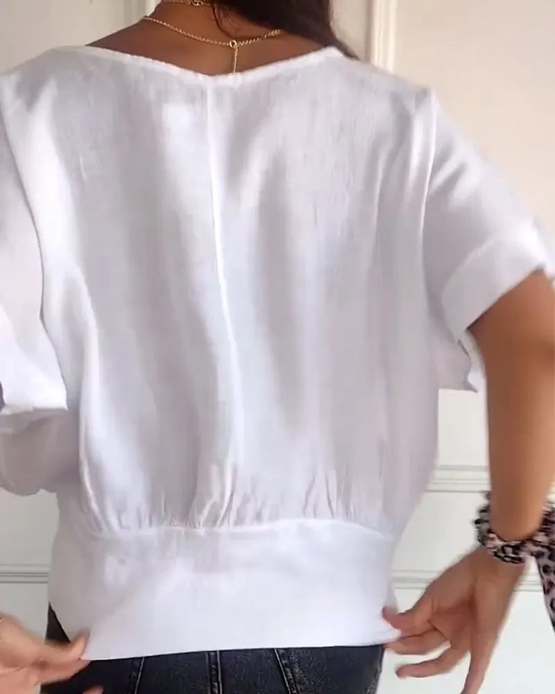 Simple solid color V-neck half-sleeve T-shirt