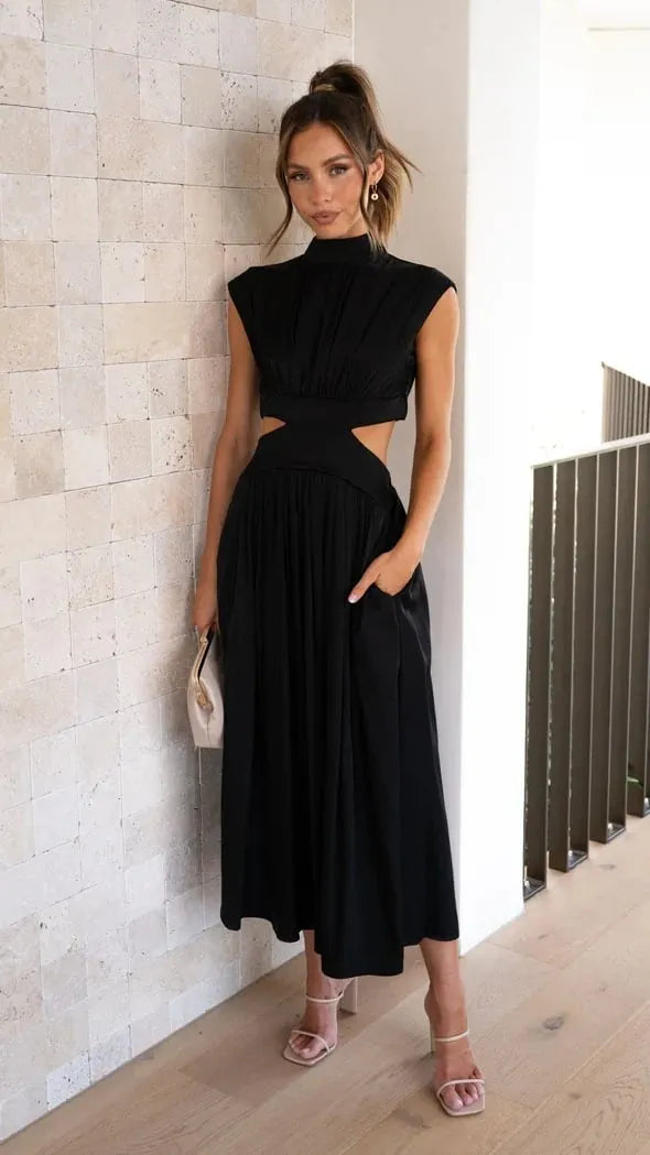 Cutout Waist Pocketed Vacation Midi/Mixi Dress