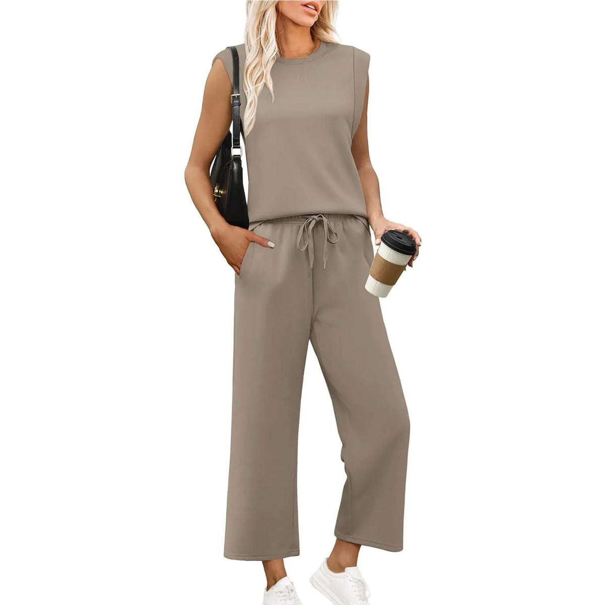 Women's Cap Sleeve Round Neck Lounge Set with Wide Leg Crop Pants
