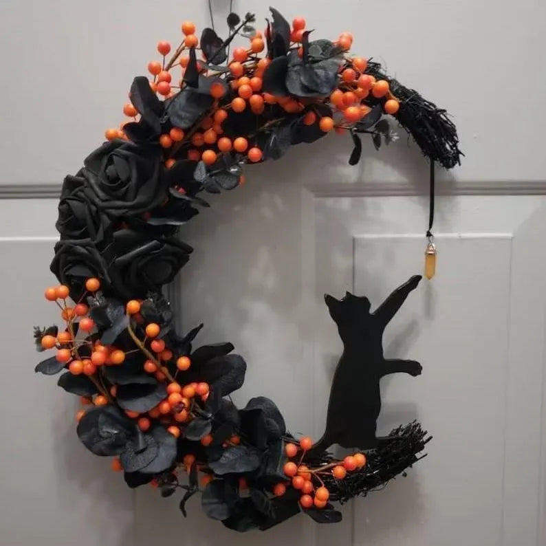 WITCHY CELESTIAL DOOR/ART HALLOWEEN LUNAR DECOR KITTY LOVERS GIFT- 🔥 BUY 2 FREE SHIPPING!