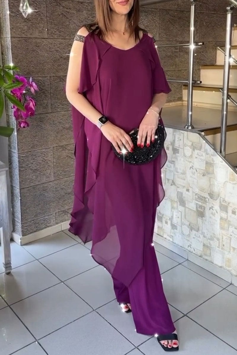Women's Off-shoulder Chiffon Top and Pants Set
