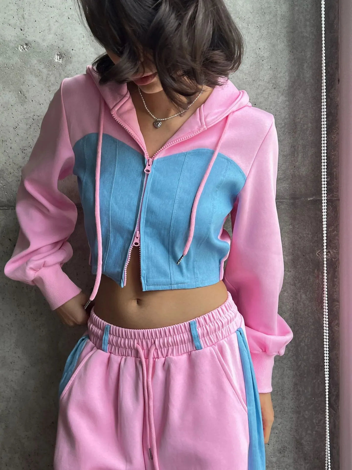 Women's Hooded Denim Patchwork Sweatshirt Two-piece Set