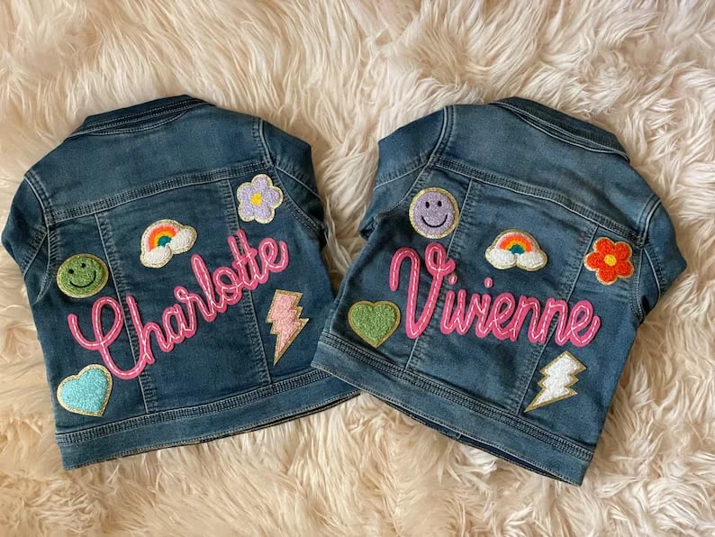 🎁[48-Hour Limited Time Offer]Baby Toddler Kids Personalized Name Embroidered Denim Jean Jacket with patches
