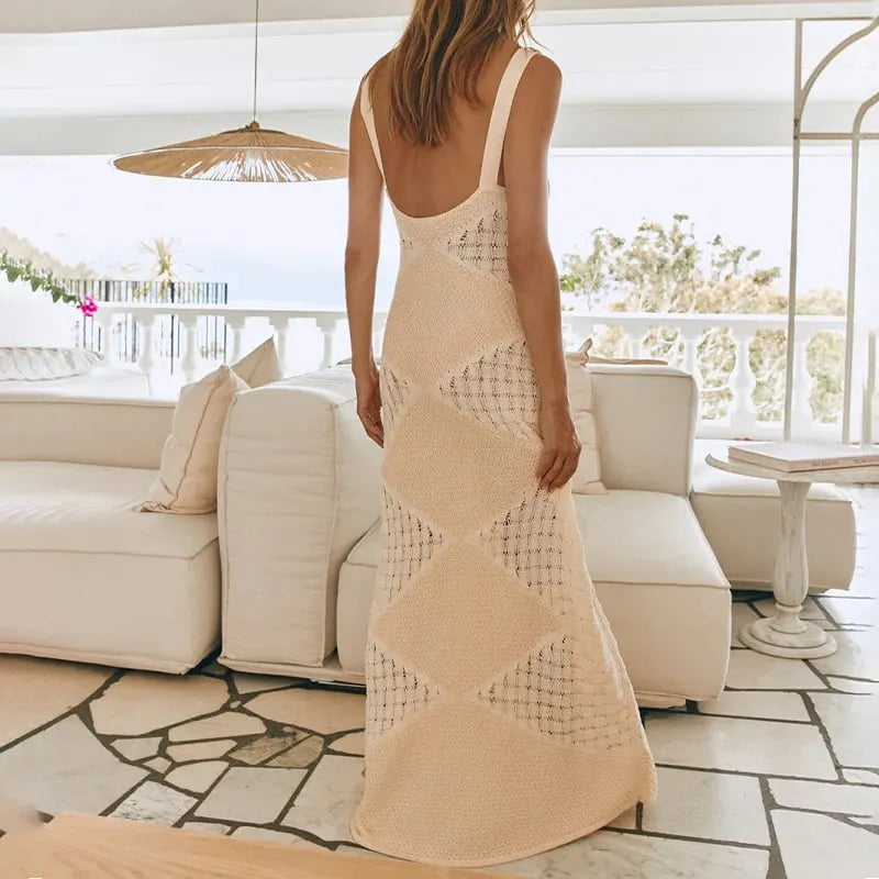 Knitted Sexy Backless Argyle Pattern Slim Fit Maxi Dress