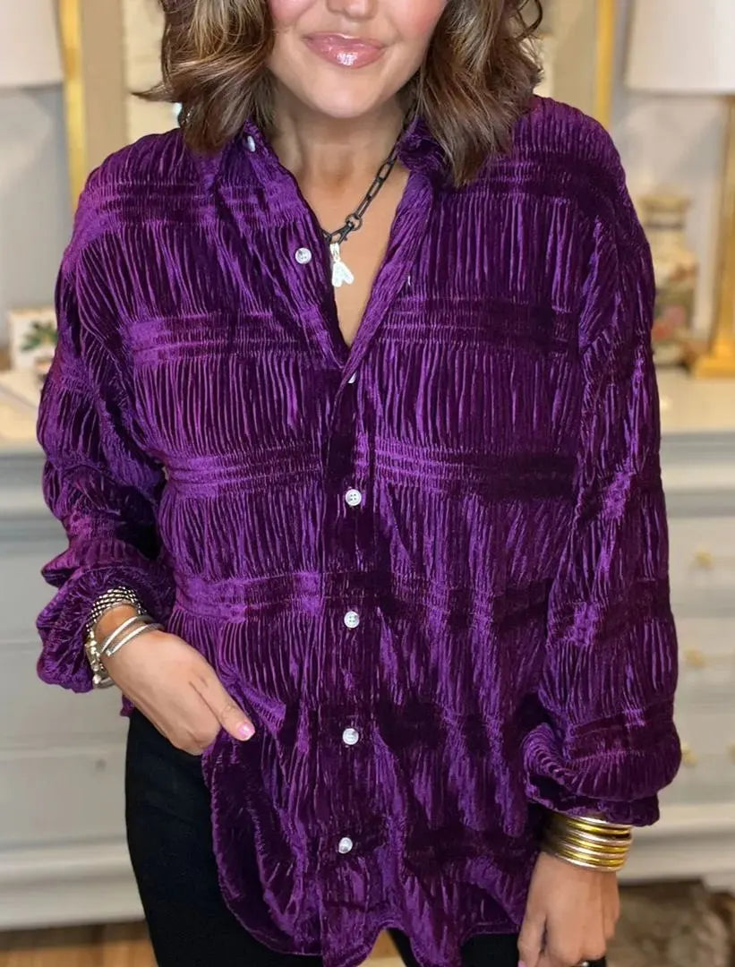 NEW WOMEN'S SHIRRED VELVET BUTTON DOWN TOP (BUY 2 FREE SHIPPING)