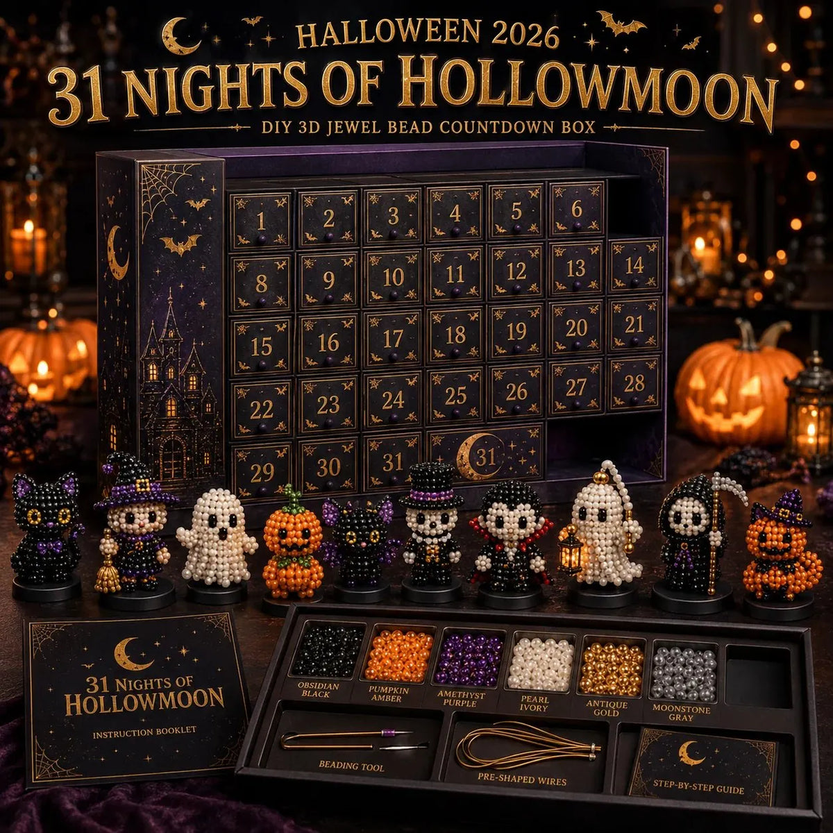 🎉🎃 Hollowmoon 31-Night Jewel-Bead Countdown Calendar | 31 Daily DIY Characters, Complete Craft Supplies & Midnight Parade Display 💎✨