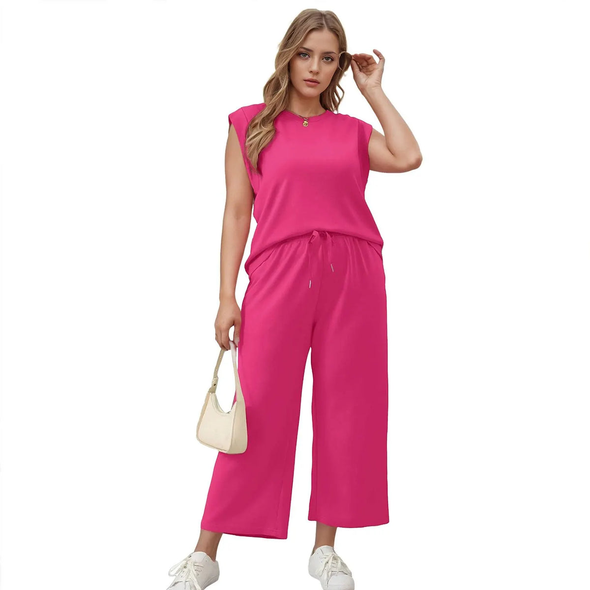 Women's Cap Sleeve Round Neck Lounge Set with Wide Leg Crop Pants