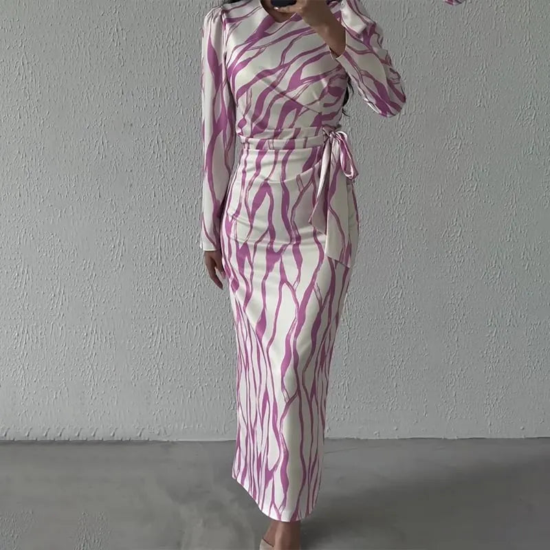 Graffiti Long Sleeve Striped Dress with Tie Waist - Slim Fit