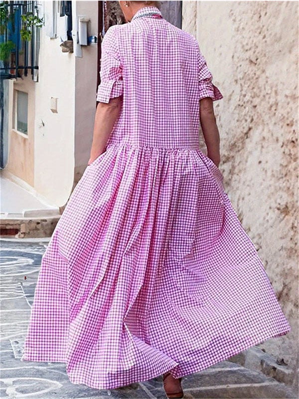 Comfy Oversize Plaid Lapel Collar Long Sleeve Dress