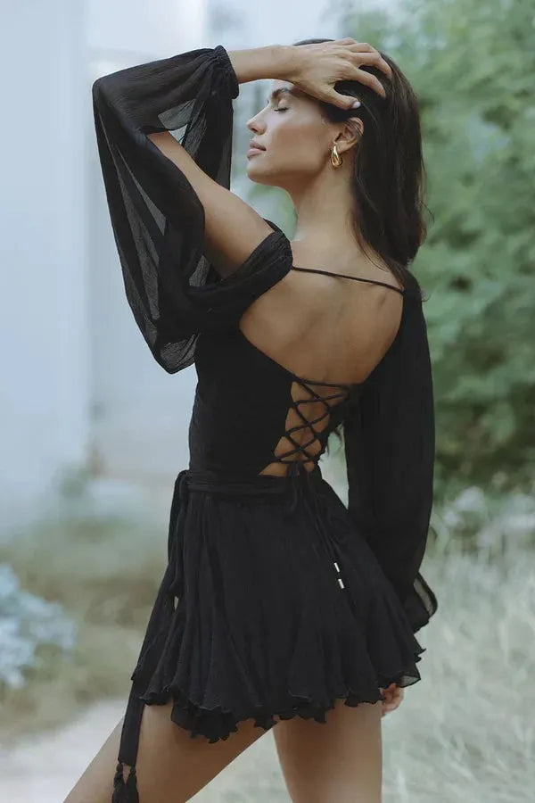Sexy Spice Hollow Lantern sleeve V-neck off the shoulder dress
