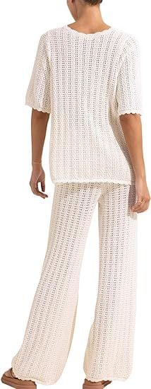 Women's Summer 2-Piece Swimsuit Coverup Crochet Knit Cardigan Tops Long Pants Set Bathing Suit Beach Outfit