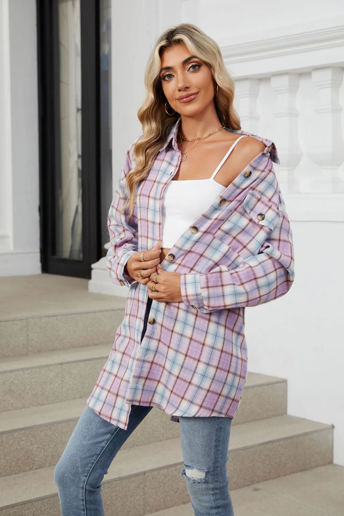 🔥Women's flannel plaid casual loose long-sleeved shirt