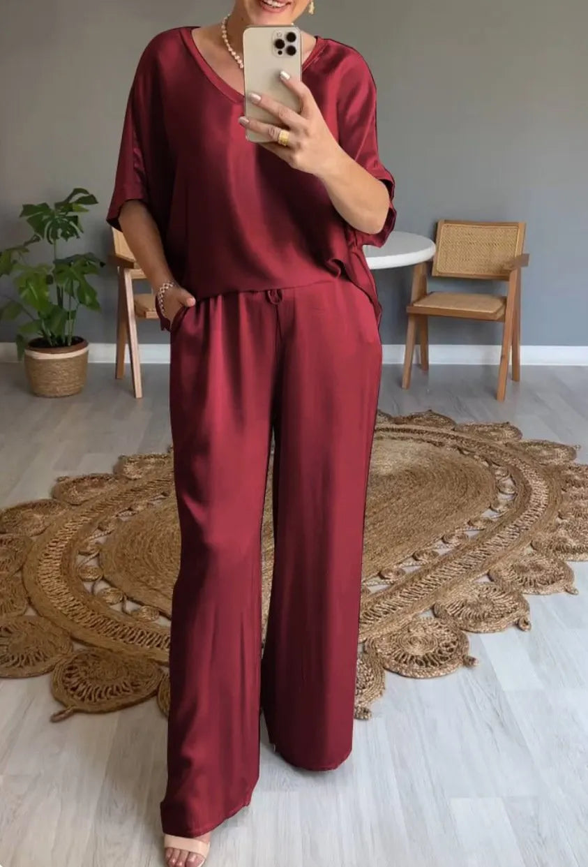 V-neck Satin Two-piece Suit - buy 2 free shipping