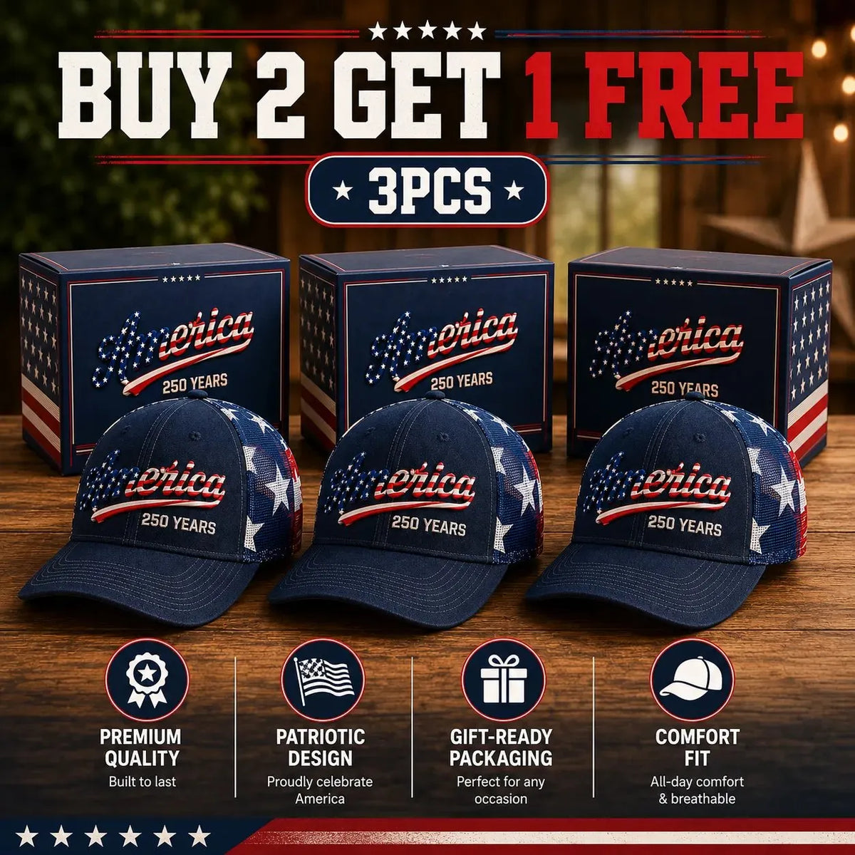 ❤️ 🇺🇸 America 250 Years Patriotic Embroidered Mesh Trucker Cap