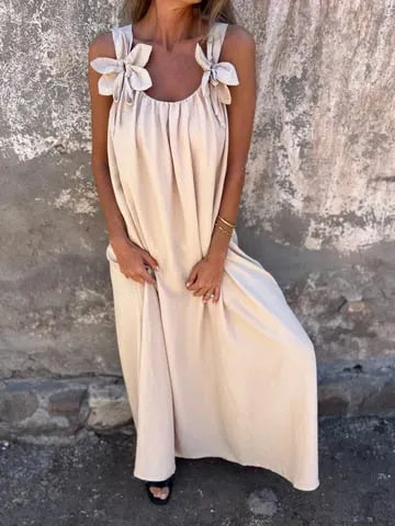 💕 Solid color dress for women with floral strap and U-neckline