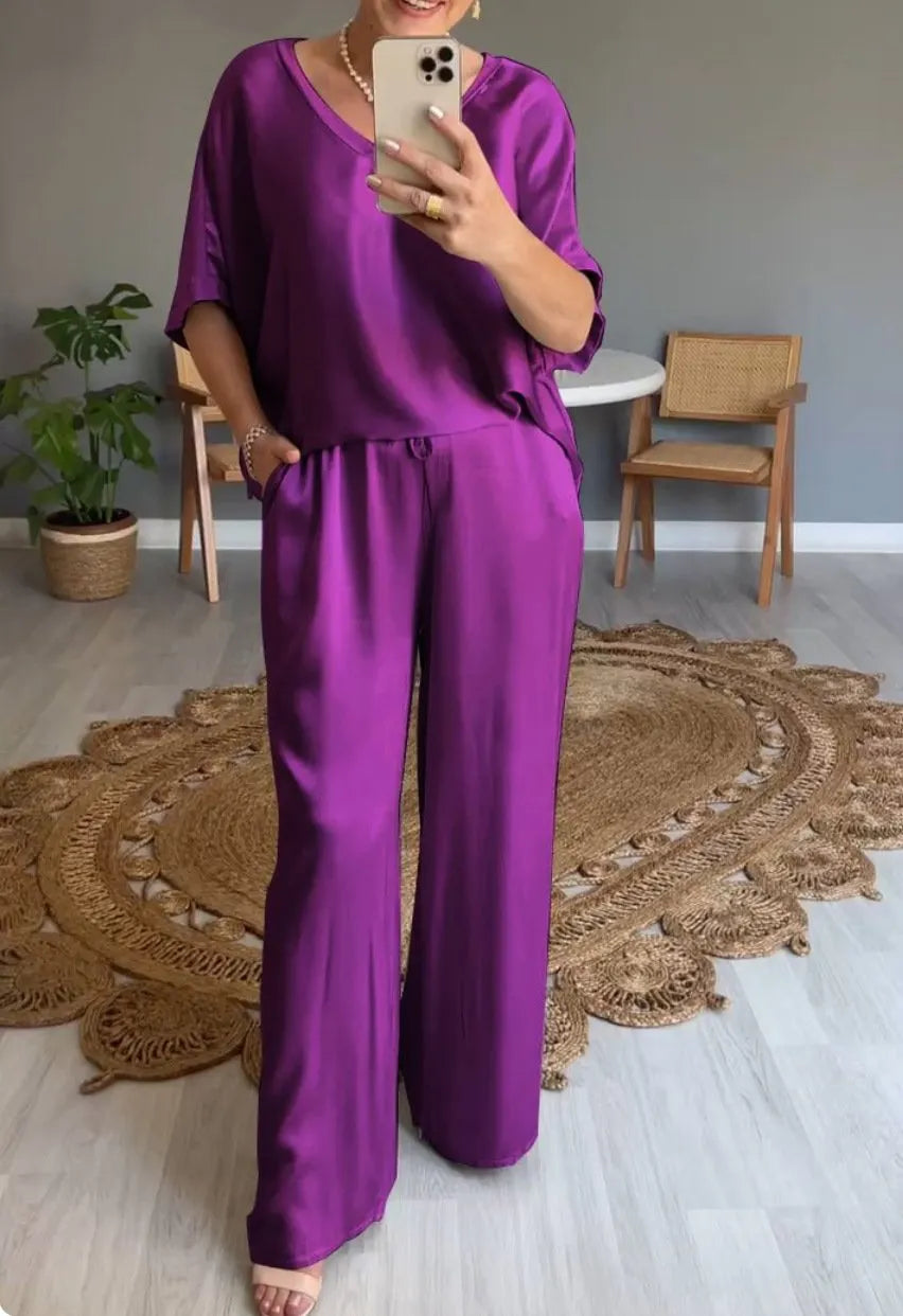 V-neck Satin Two-piece Suit - buy 2 free shipping