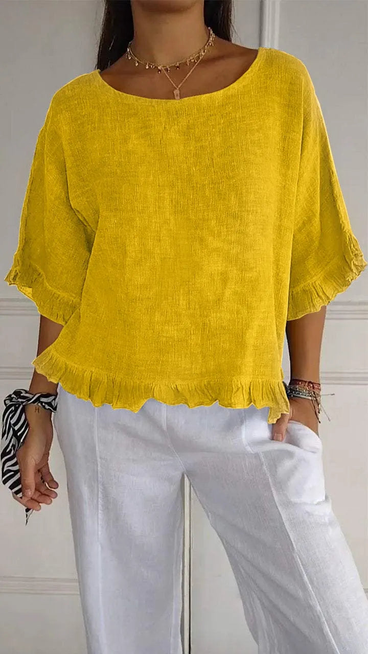 Round Neck Ruffled Hem Mid-sleeve Cotton and Linen Top (Buy 2 Free Shipping)