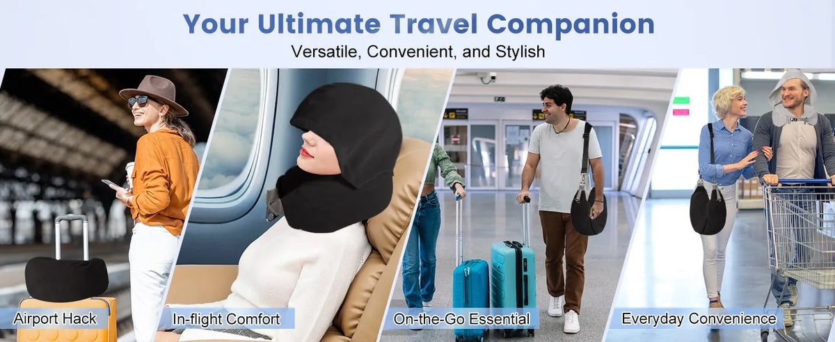🛫 Hooded Stuffable Travel Pillow for Airplanes – Soft Velvet Neck Pillow with Travel Storage Compartment