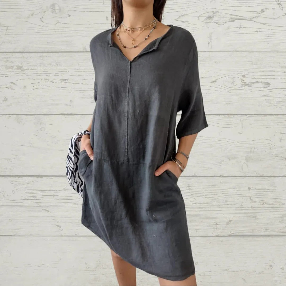 Linen-Cotton V-Neck Loose Fit Pocketed Dress