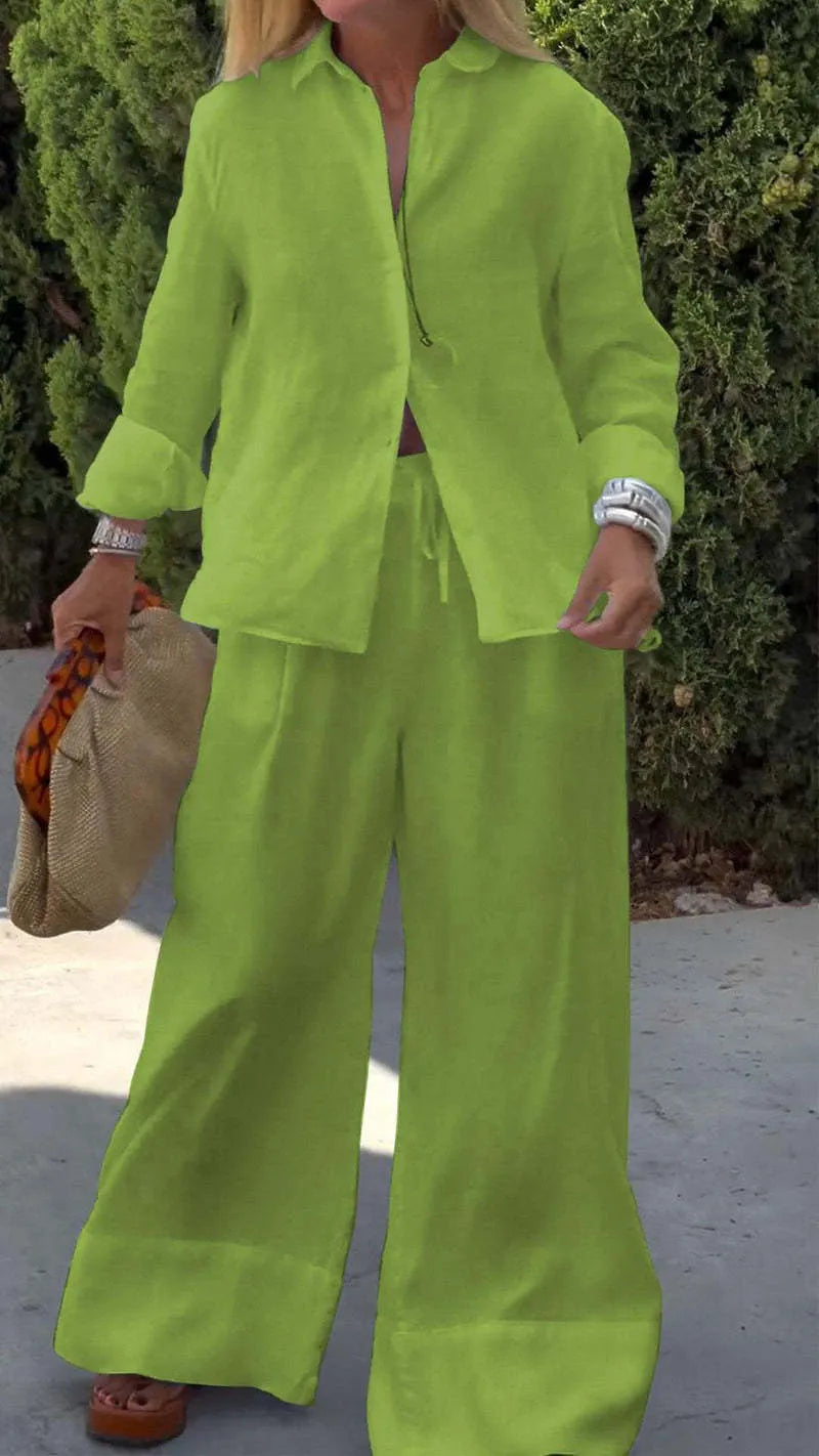 Linen Blend Casual Shirt Straight Wide Leg Pants Suit