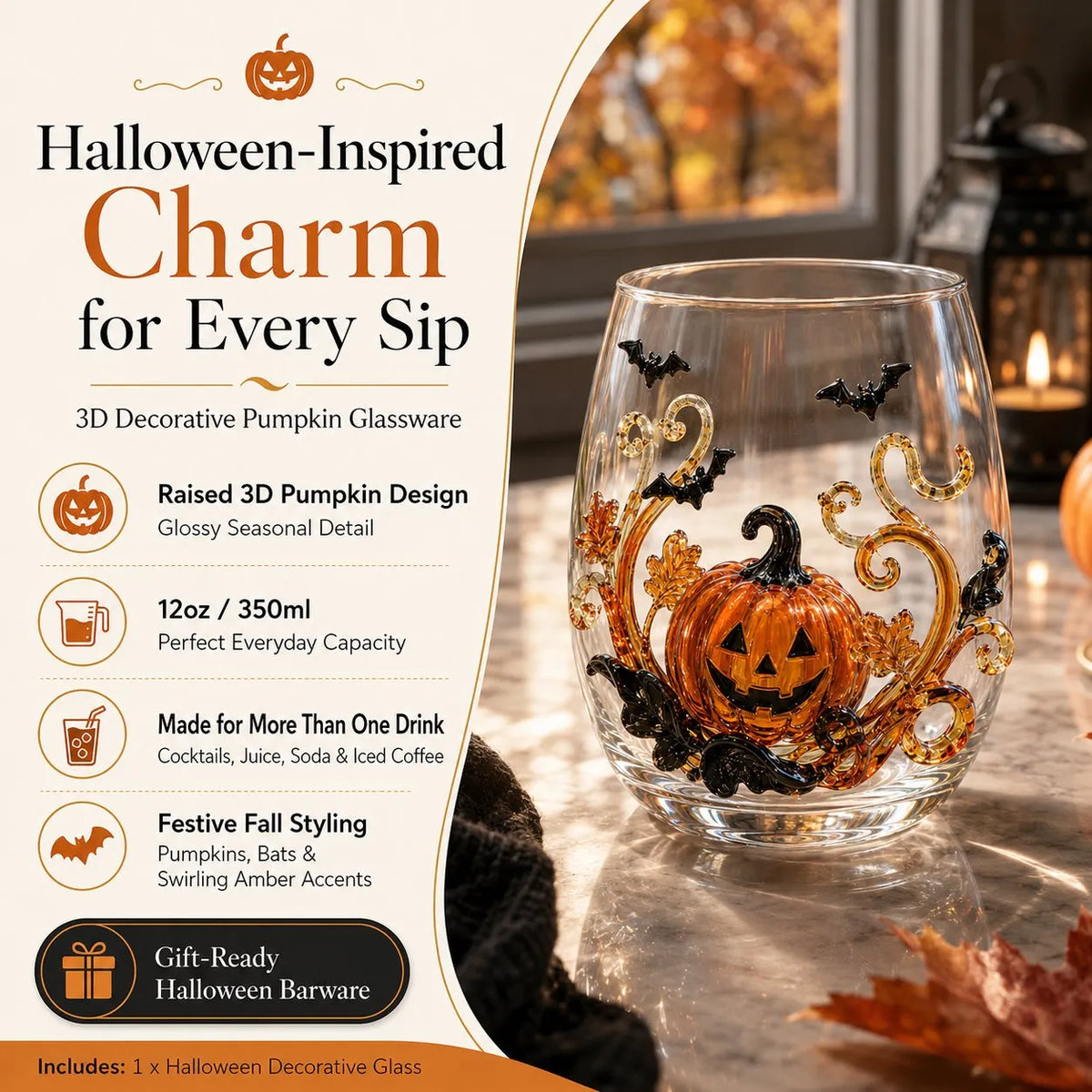 🎉🎃 3D Halloween Artisan Glassware Collection | For Magical Halloween Sips, Eye-Catching 3D Details, Luminous Festive Party Moments & Cozy Fall Home Bar Glow