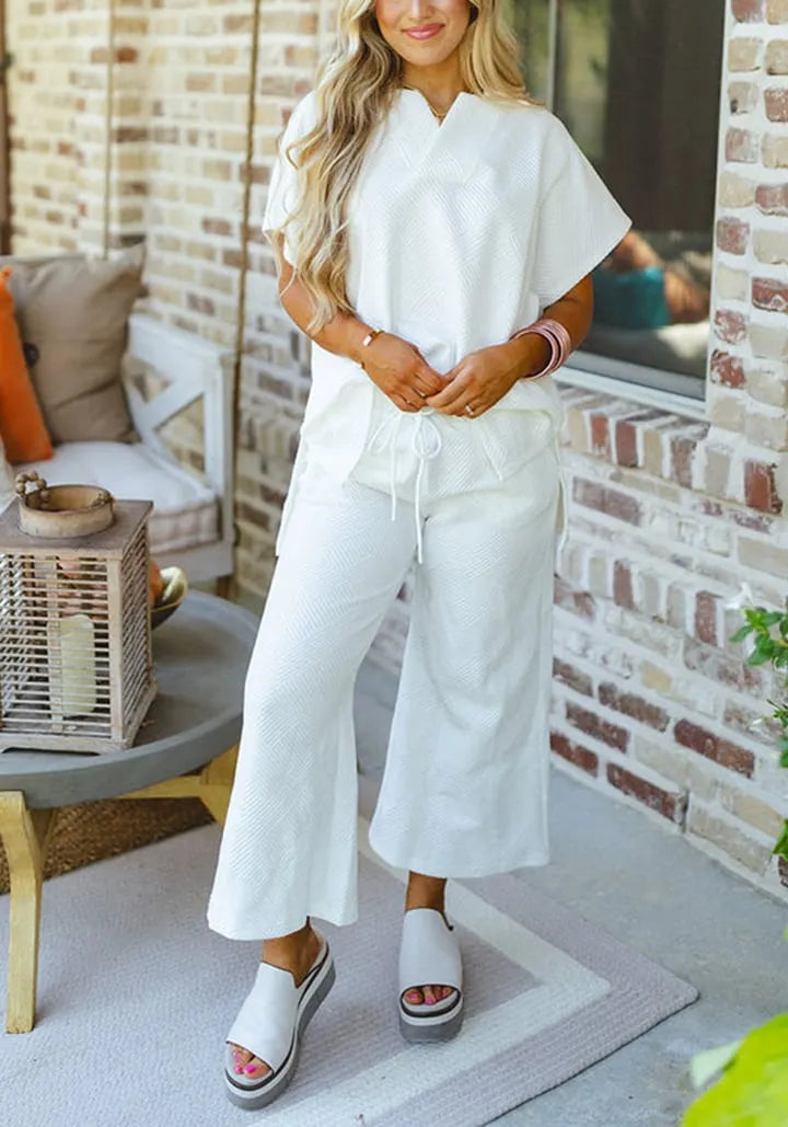 NEW TEXTURED V NECK TOP AND PANTS CASUAL SET (BUY 2 FREE SHIPPING)