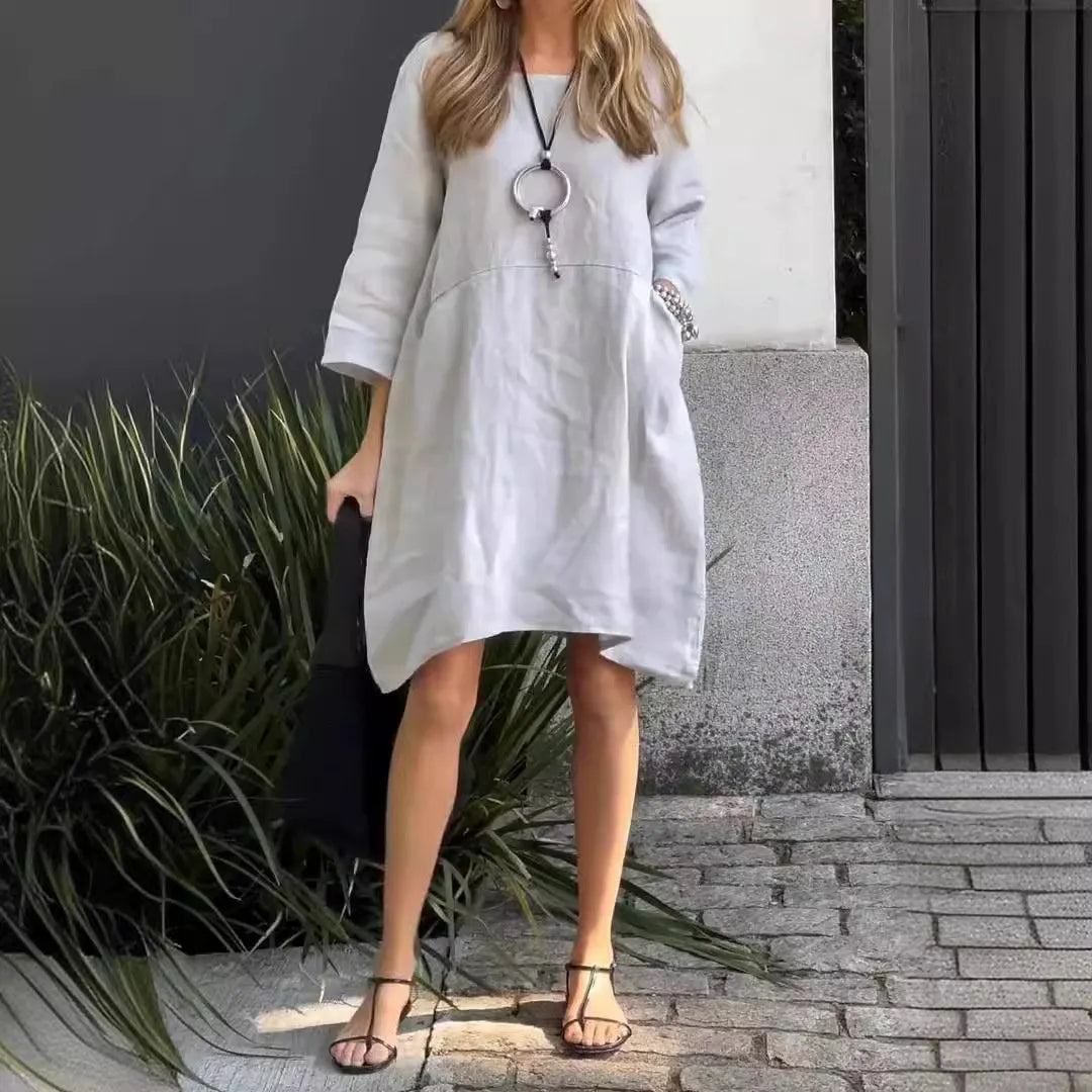 Solid Color Loose Casual Pocket Cotton-Linen Dress (Buy 2 Free Shipping)